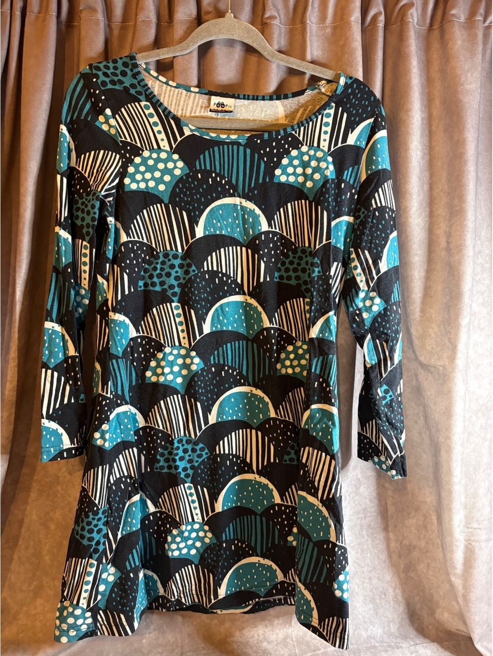 PaaPii Finland Size M Organic Cotton Teal Black Geometric Tunic Dress